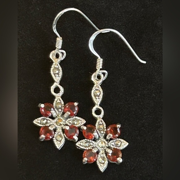 Vintage Sterling Silver Garnet and Marcasite Dangle Earrings - Picture 1 of 10